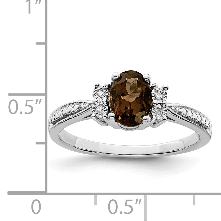 Sterling Silver Rhodium Diamond & Smoky Quartz Ring