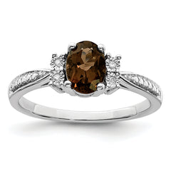 Sterling Silver Rhodium Diamond & Smoky Quartz Ring