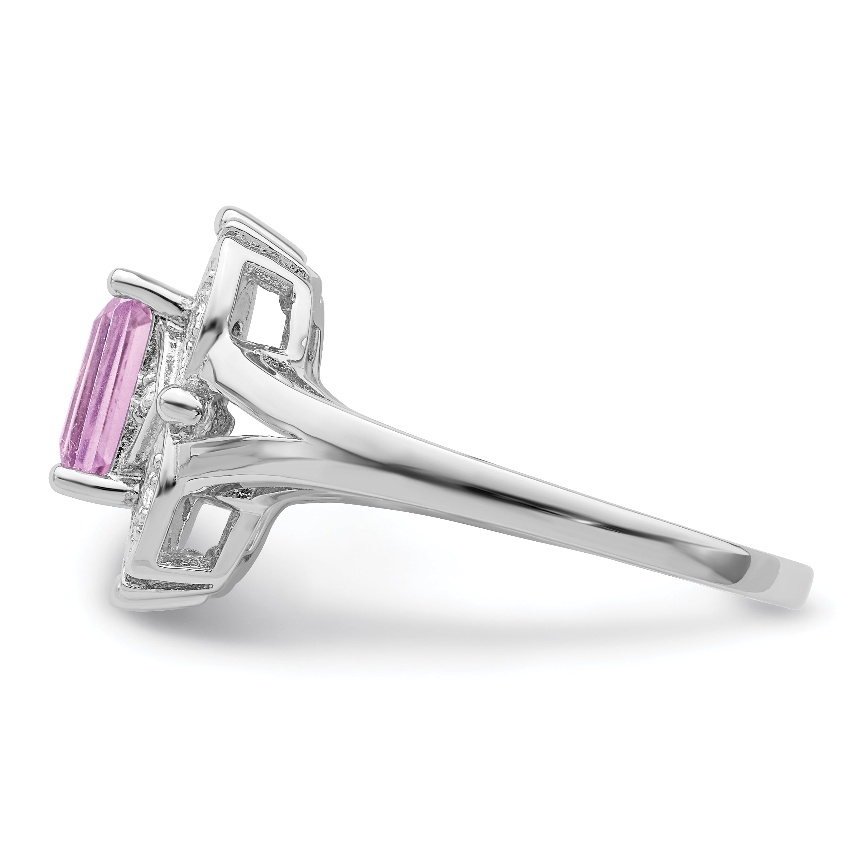 Sterling Silver Rhodium Diamond & Pink Quartz Ring