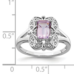 Sterling Silver Rhodium Diamond & Pink Quartz Ring