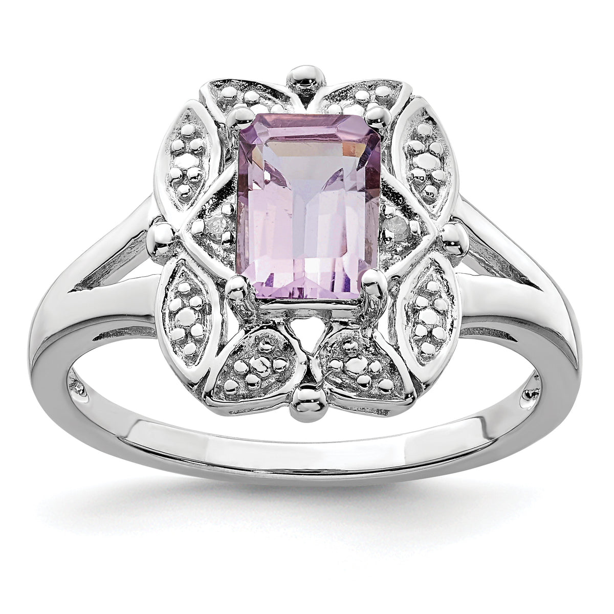 Sterling Silver Rhodium Diamond & Pink Quartz Ring