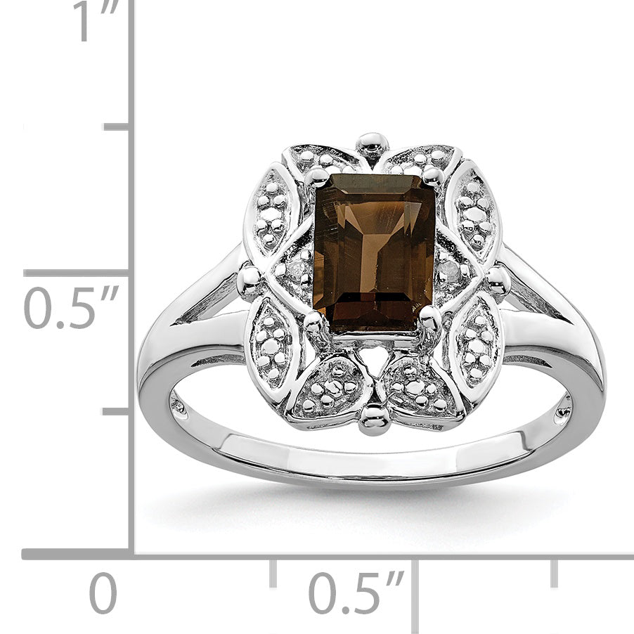 Sterling Silver Rhodium Diamond & Smoky Quartz Ring