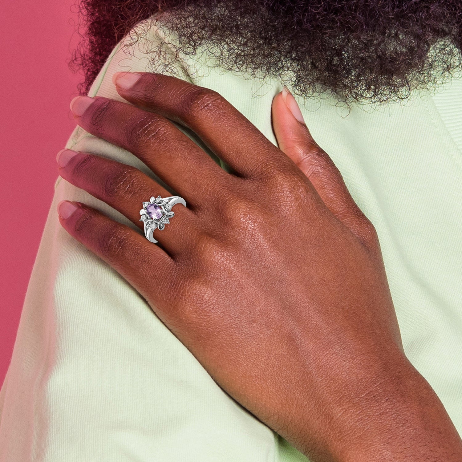 Sterling Silver Rhodium Diamond & Pink Quartz Ring