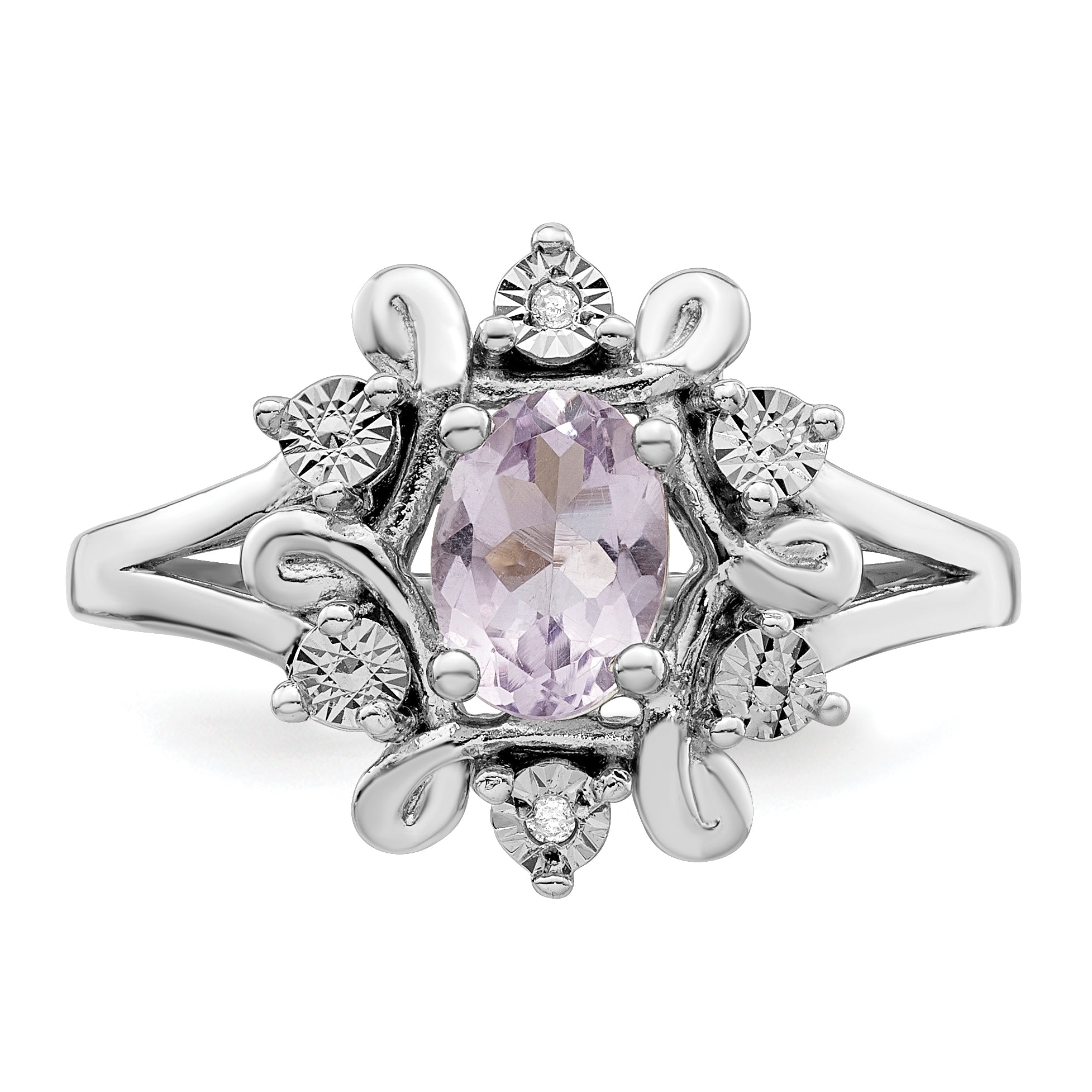 Sterling Silver Rhodium Diamond & Pink Quartz Ring