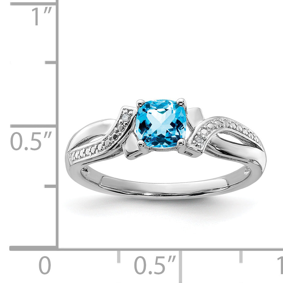 Sterling Silver Rhodium Light Swiss Blue Topaz & Diamond Ring