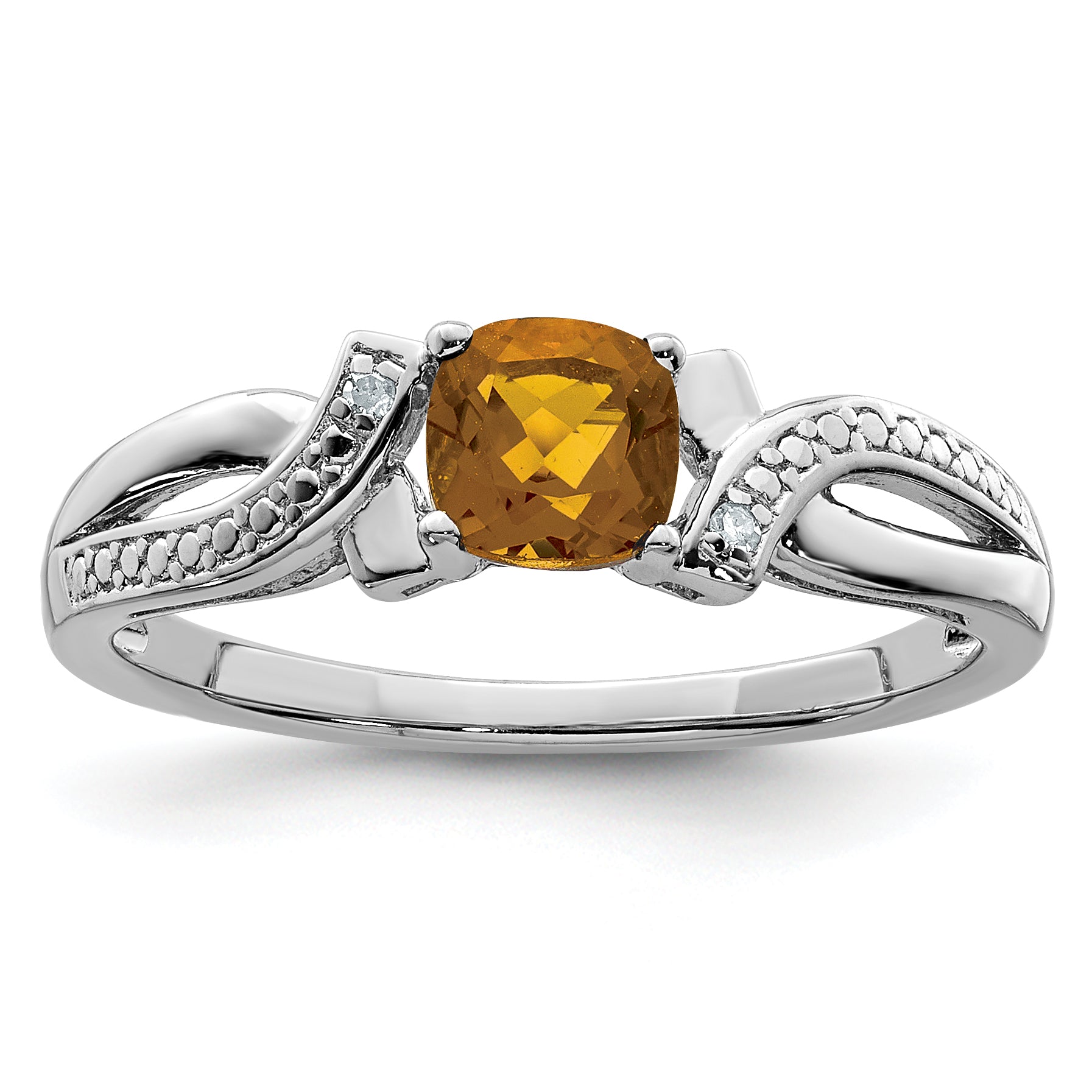 Sterling Silver Rhodium Whiskey Quartz Diamond Ring