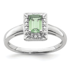 Sterling Silver Rhodium Green Quartz Diamond Ring