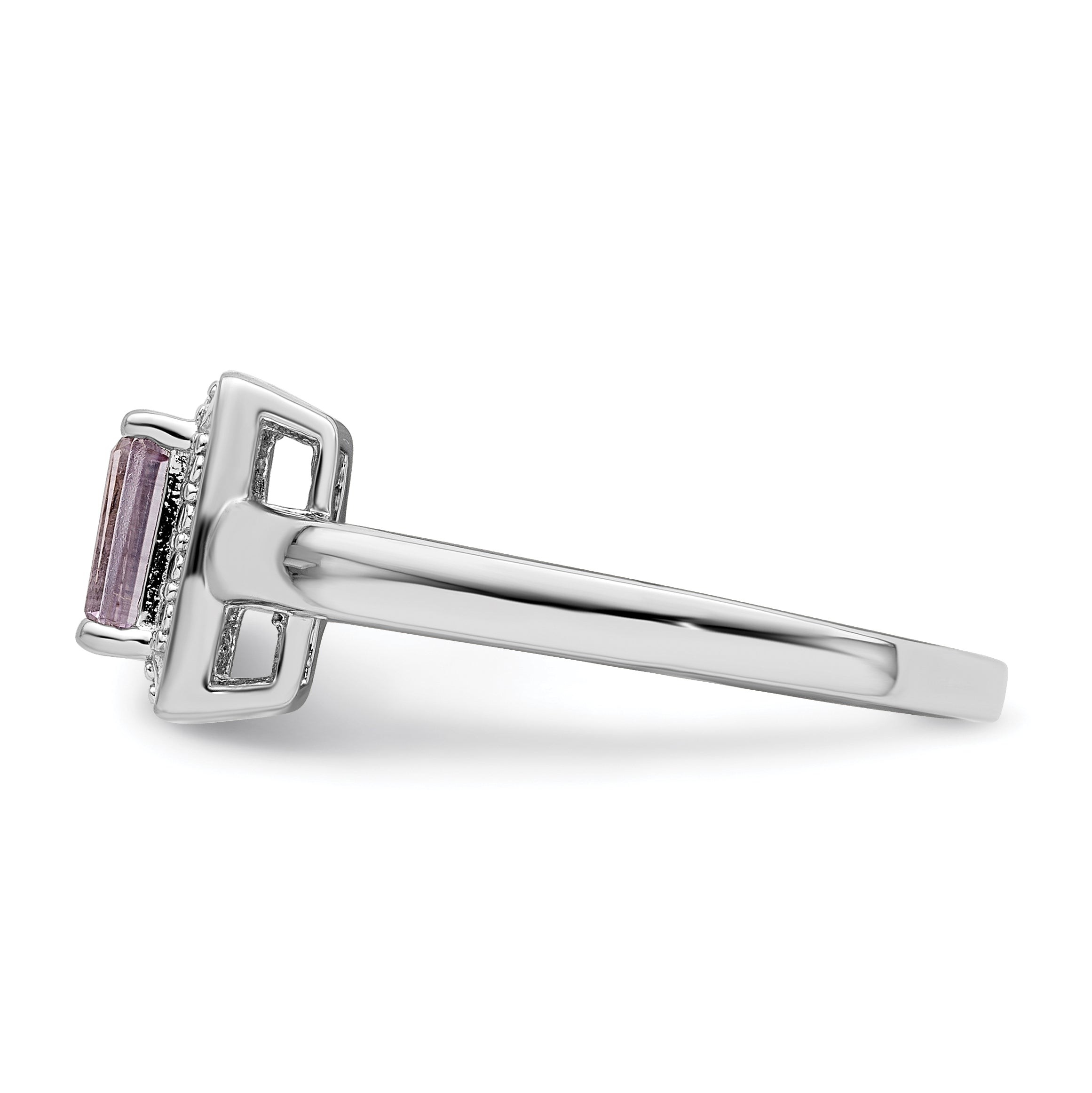 Sterling Silver Rhodium Pink Quartz Diamond Ring