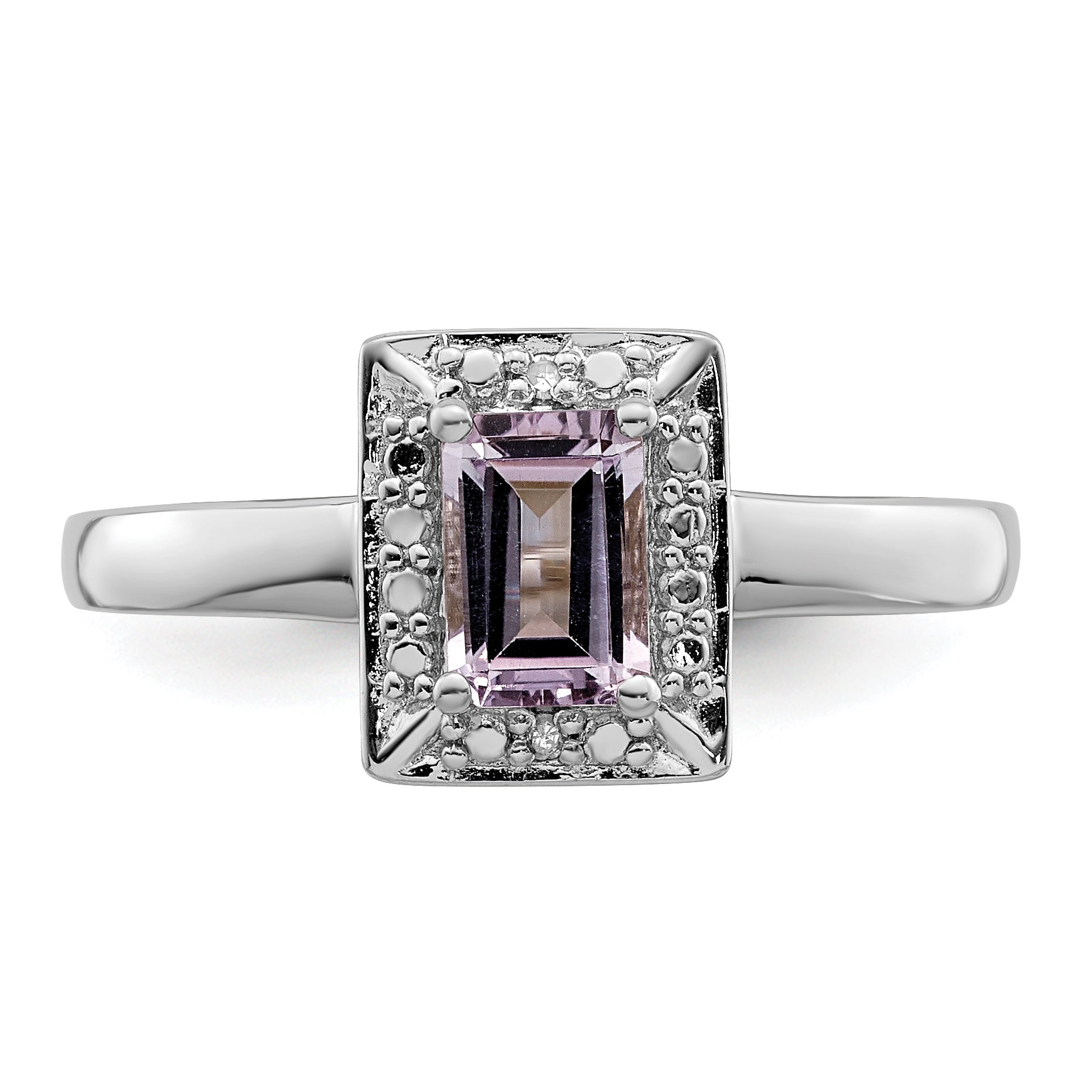 Sterling Silver Rhodium Pink Quartz Diamond Ring