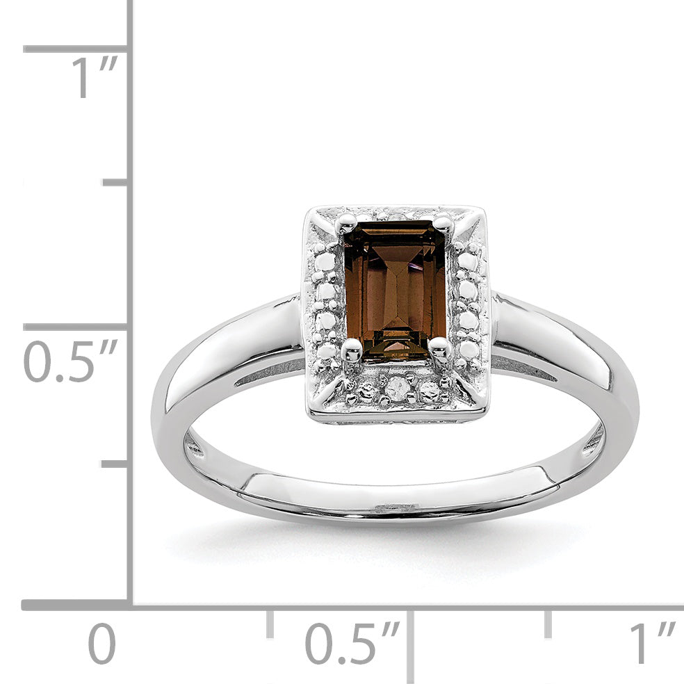 Sterling Silver Rhodium Smoky Quartz Diamond Ring