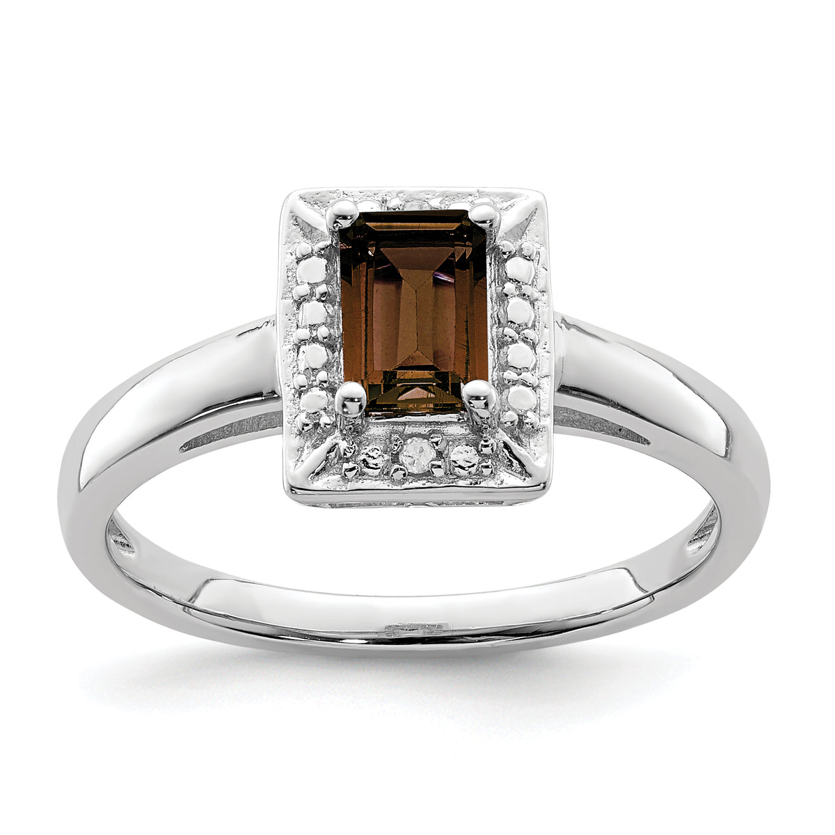 Sterling Silver Rhodium Smoky Quartz Diamond Ring