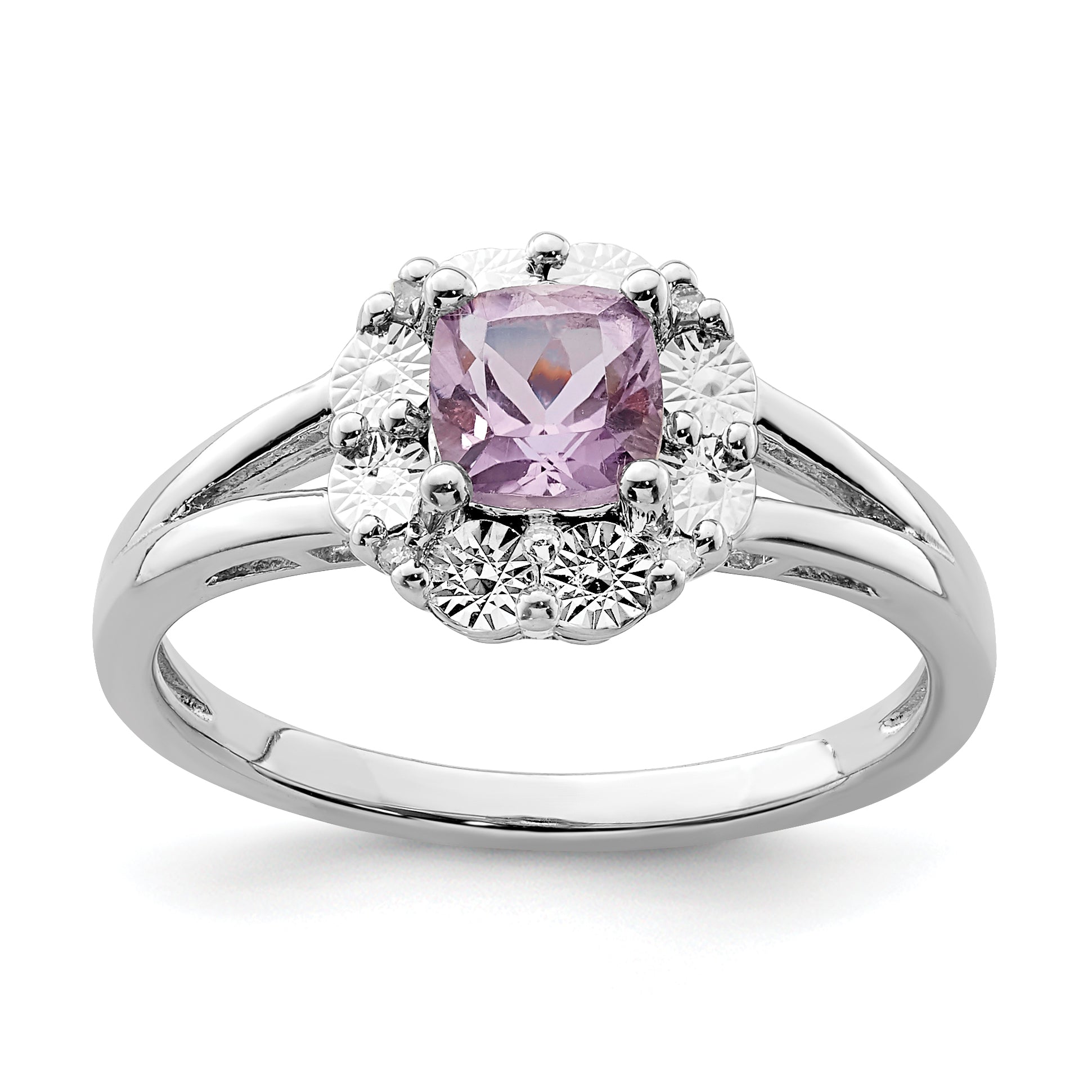 Sterling Silver Rhodium Pink Quartz & Diamond Ring