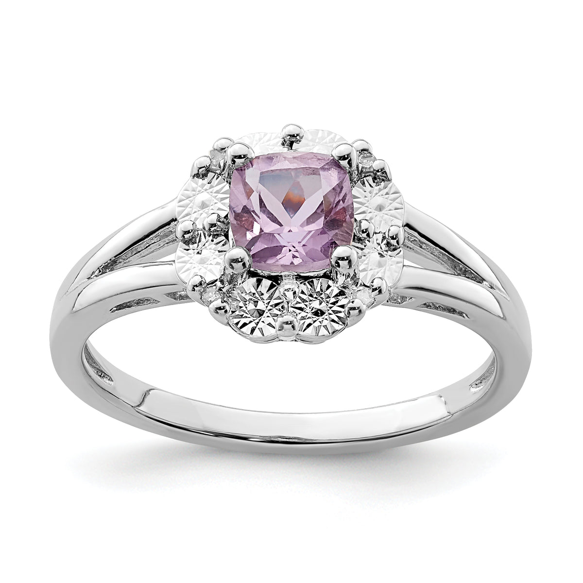 Sterling Silver Rhodium Pink Quartz & Diamond Ring