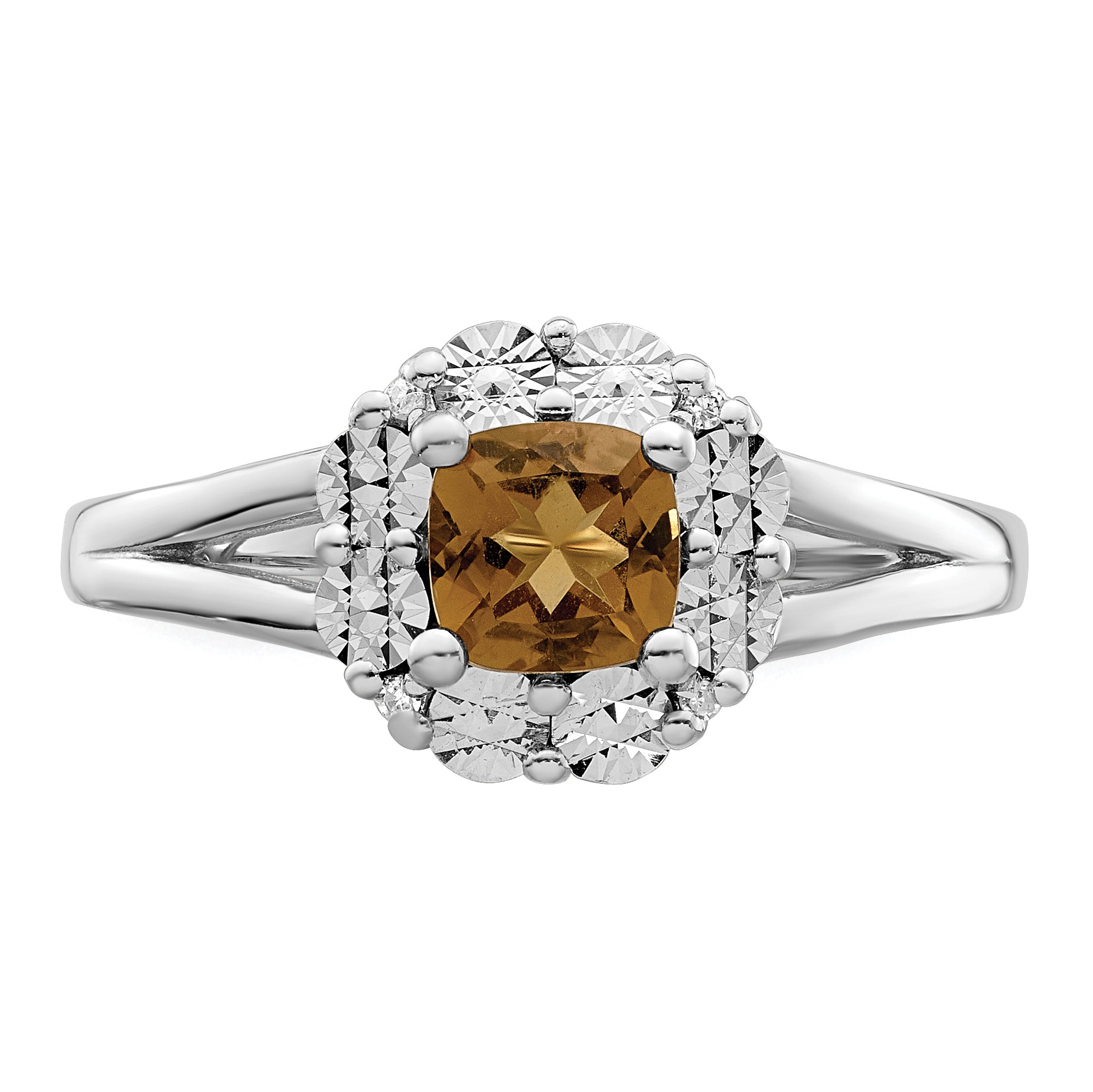 Sterling Silver Rhodium Whiskey Quartz Diamond Ring