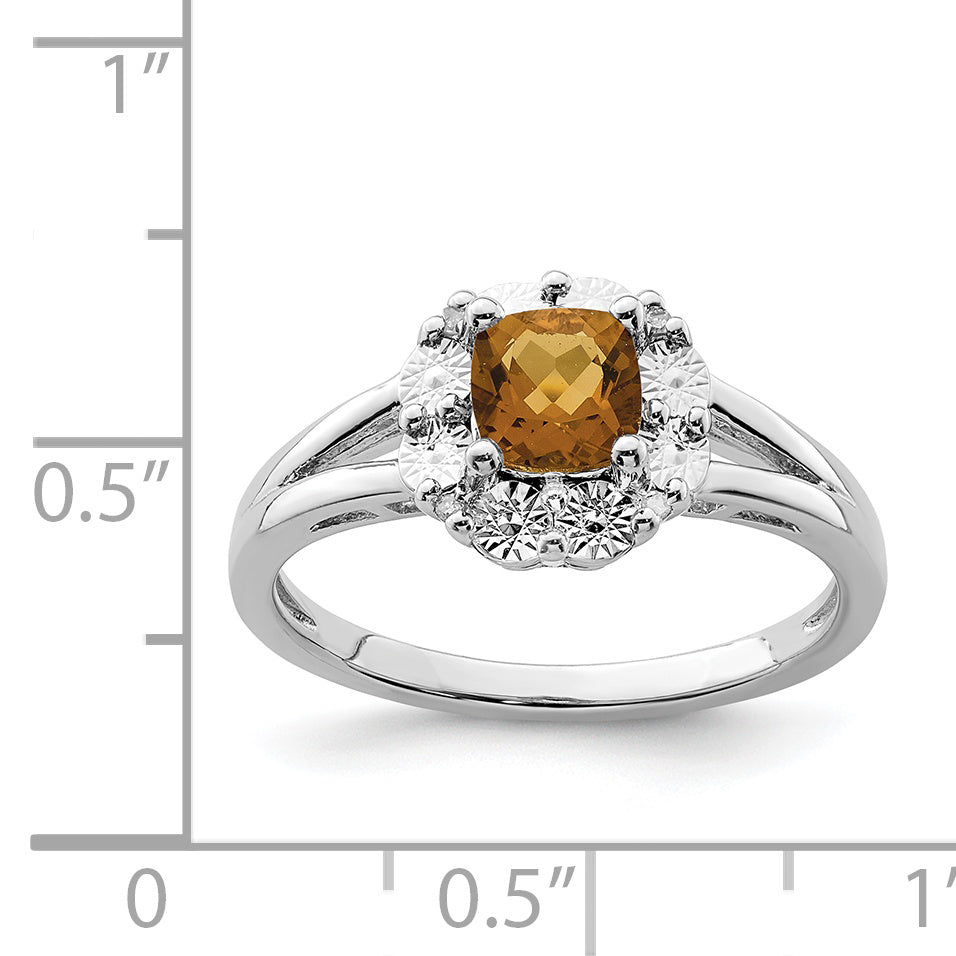 Sterling Silver Rhodium Whiskey Quartz Diamond Ring