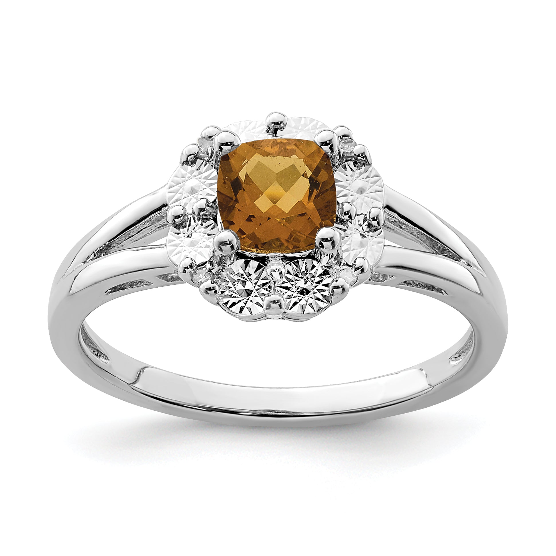 Sterling Silver Rhodium Whiskey Quartz Diamond Ring