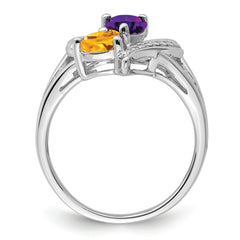 Sterling Silver Rhodium Amethyst & Citrine Diamond Ring