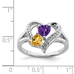 Sterling Silver Rhodium Amethyst & Citrine Diamond Ring