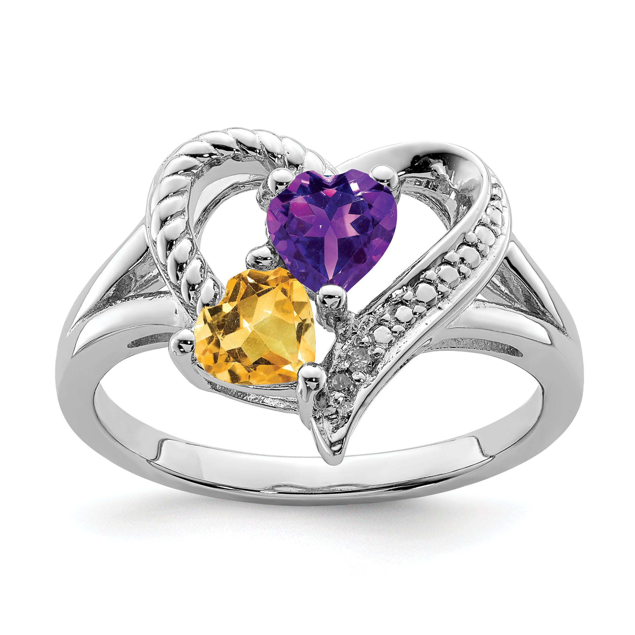 Sterling Silver Rhodium Amethyst & Citrine Diamond Ring