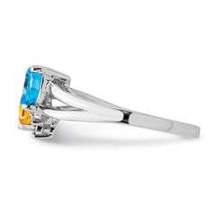 Sterling Silver Rhodium Blue Topaz & Citrine Diamond Ring