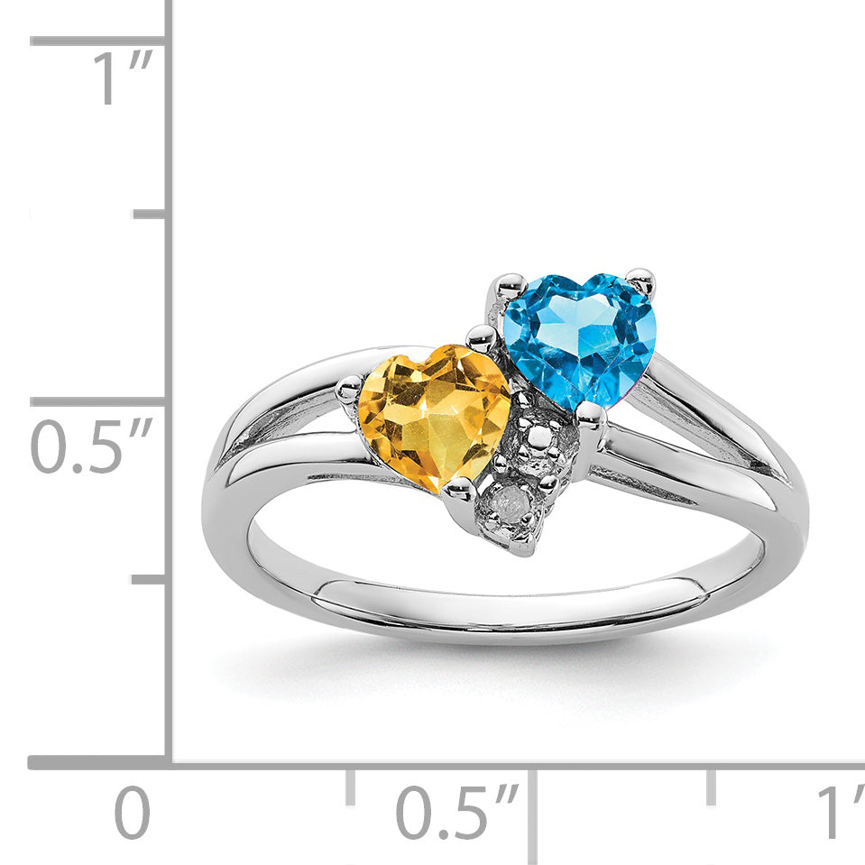 Sterling Silver Rhodium Blue Topaz & Citrine Diamond Ring