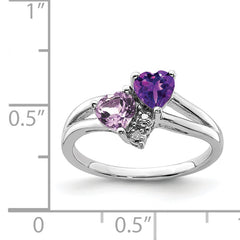 Sterling Silver Rhodium-plated Amethyst & Pink Quartz & Diamond Ring