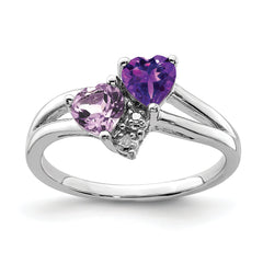 Sterling Silver Rhodium-plated Amethyst & Pink Quartz & Diamond Ring