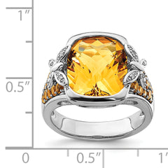 Sterling Silver Rhodium Diamond and Citrine Ring