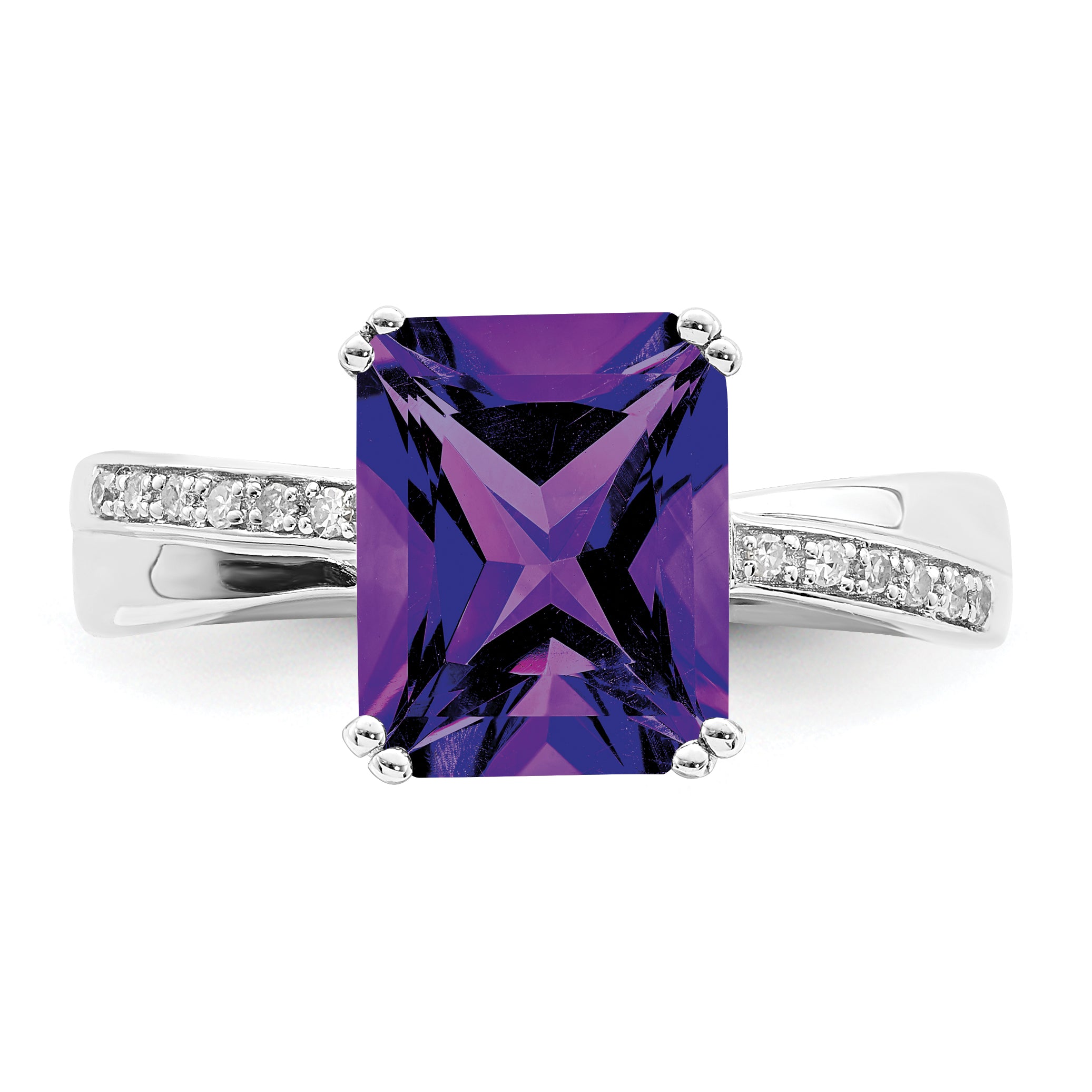 Sterling Silver Rhodium-plated Diamond and Amethyst Ring