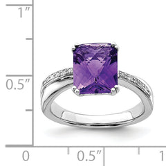 Sterling Silver Rhodium-plated Diamond and Amethyst Ring