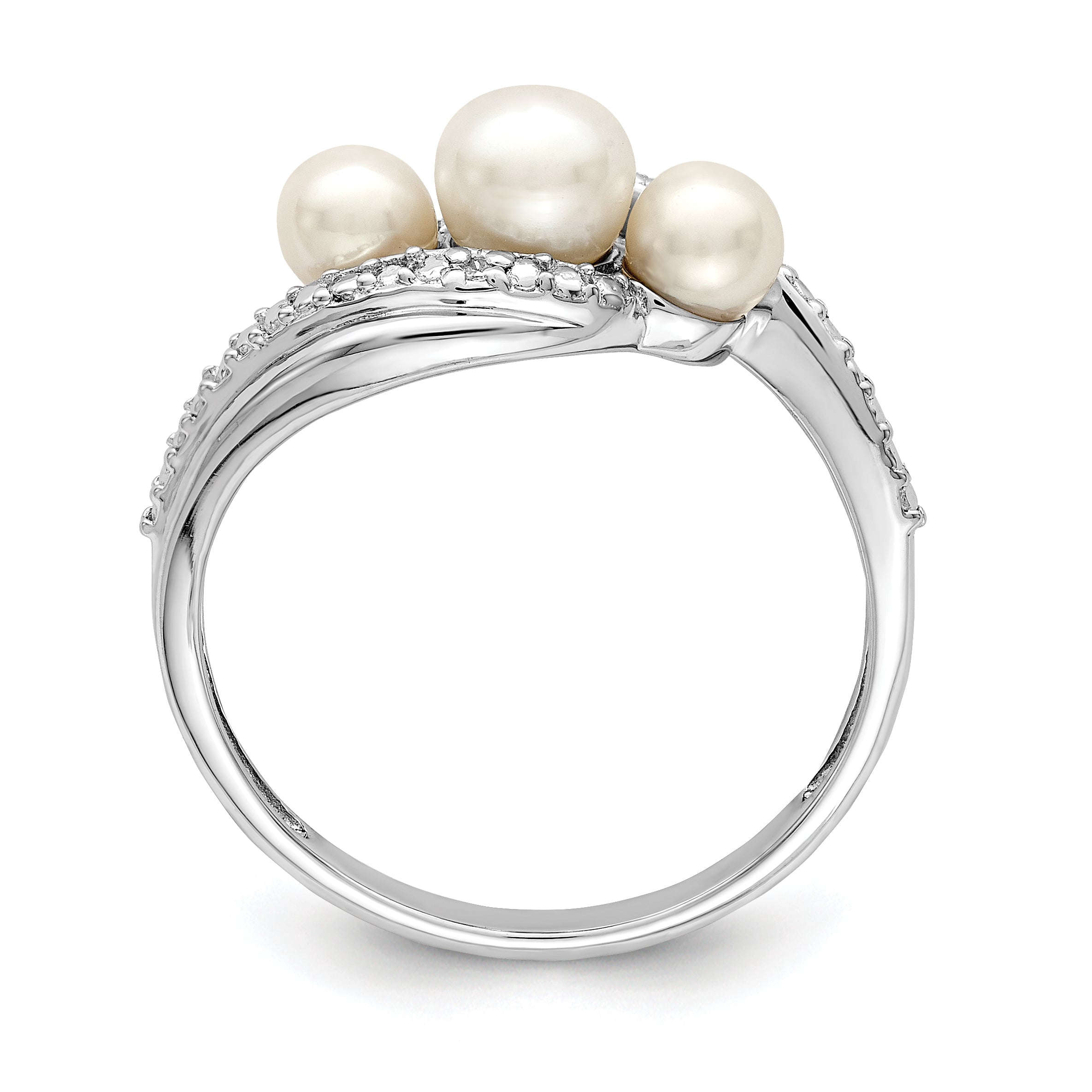 Sterling Silver Rhodium Plated Diamond and Fresh Water Cultured Pearl Ring