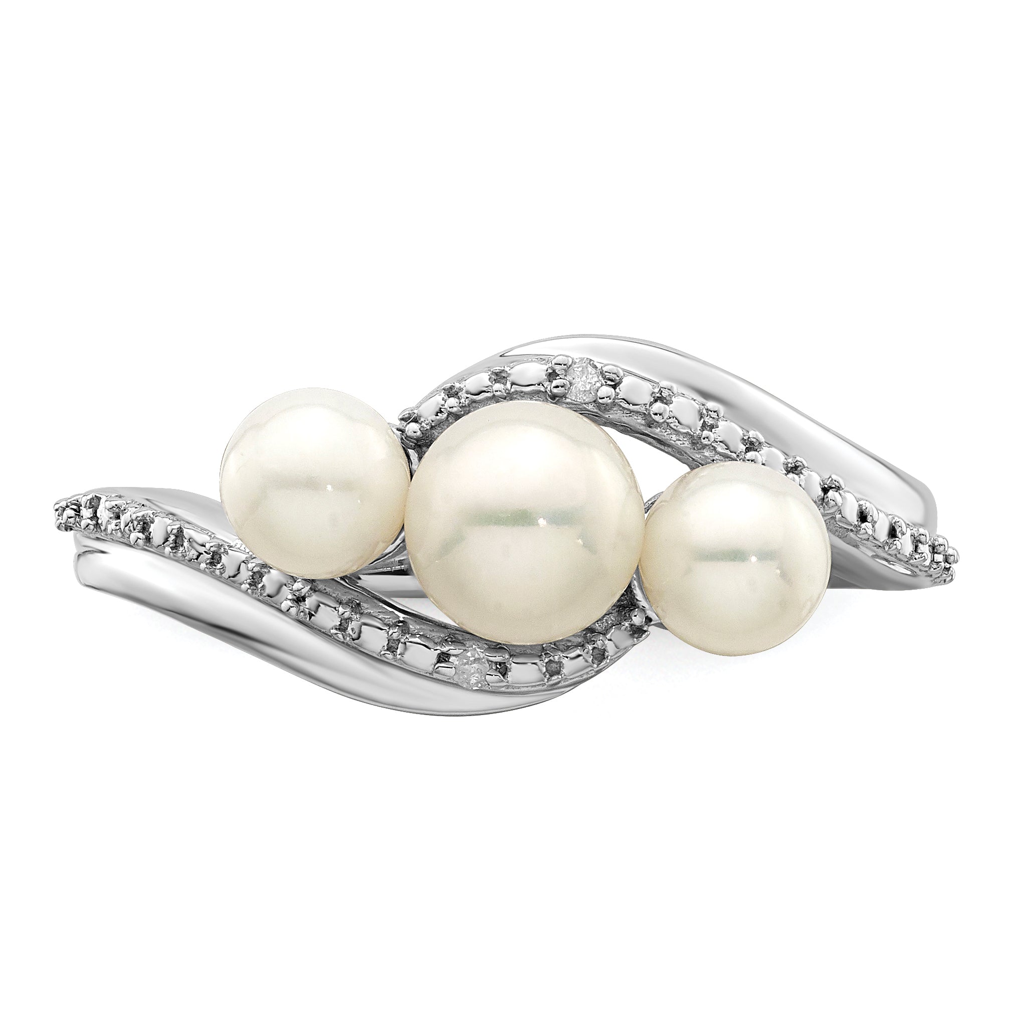 Sterling Silver Rhodium Plated Diamond and Fresh Water Cultured Pearl Ring