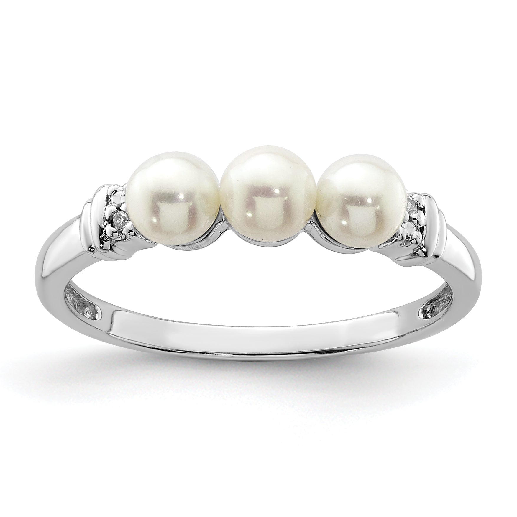 Sterling Silver Rhodium Plated Diamond and Fresh Water Cultured Pearl Ring