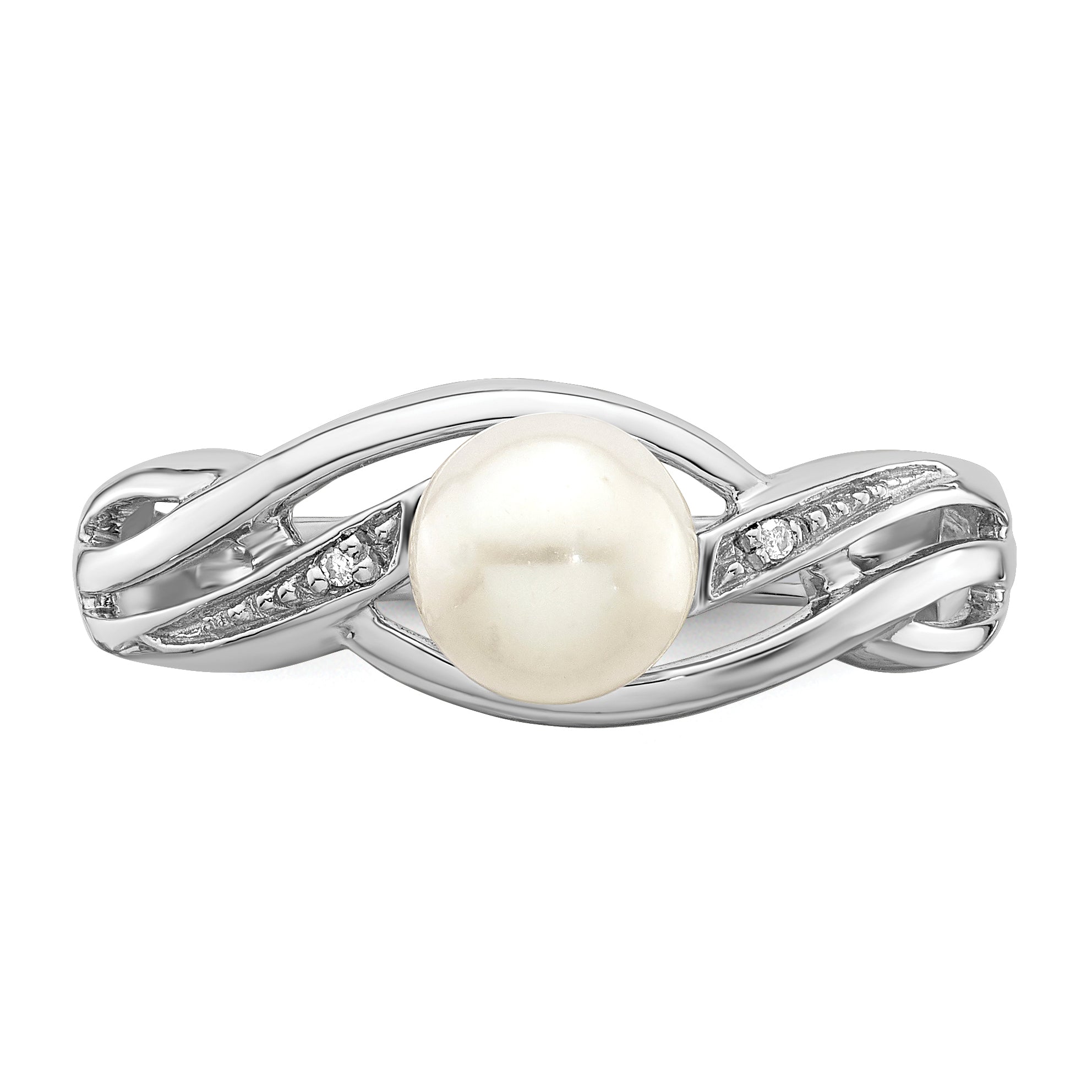 Sterling Silver Rhodium Plated Diamond and Fresh Water Cultured Pearl Ring