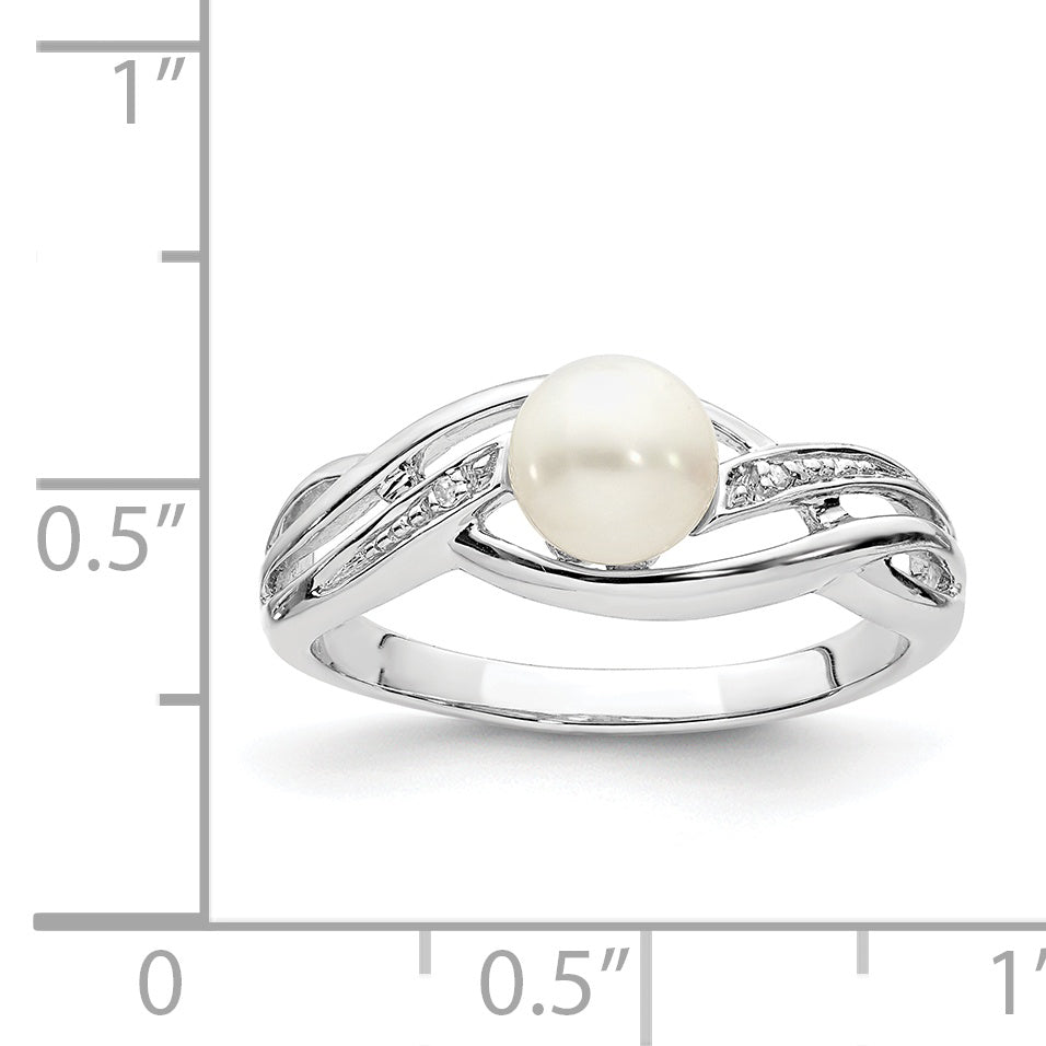 Sterling Silver Rhodium Plated Diamond and Fresh Water Cultured Pearl Ring