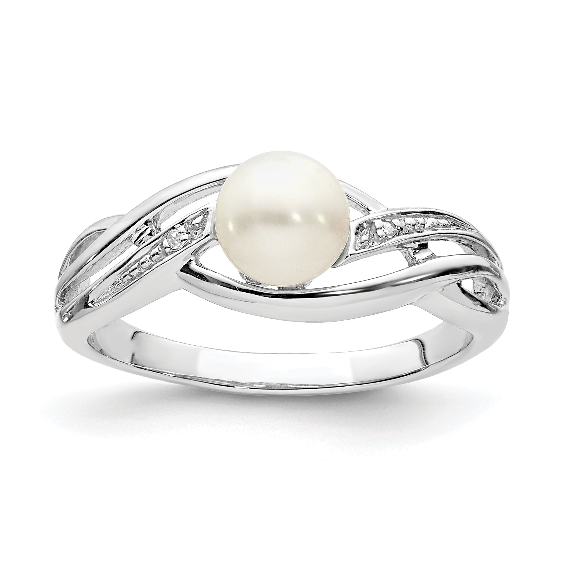 Sterling Silver Rhodium Plated Diamond and Fresh Water Cultured Pearl Ring