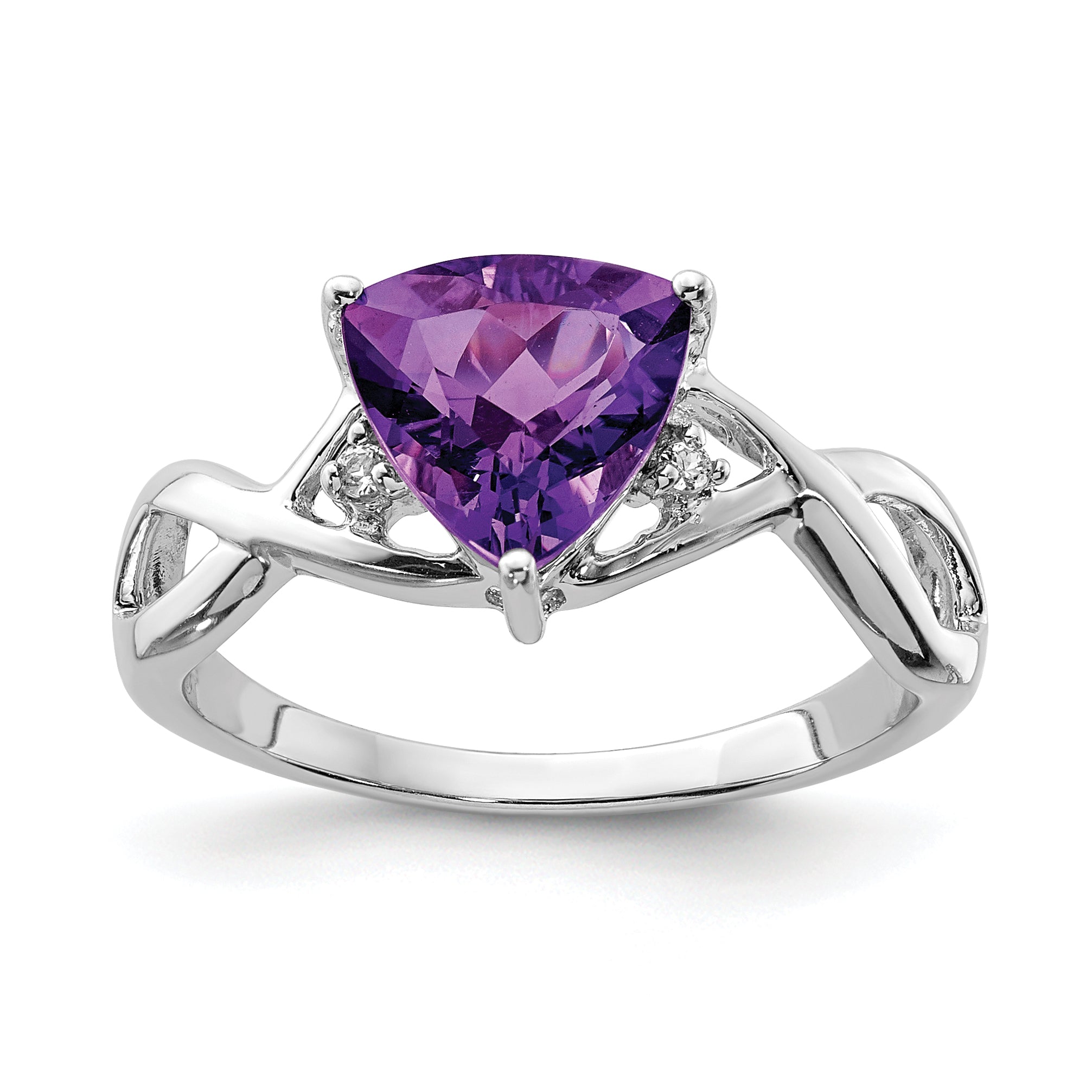 Sterling Silver Rhodium Plated Amethyst White Topaz Trillion Ring