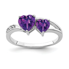 Sterling Silver Rhodium Plated Diamond and Amethyst Heart Ring