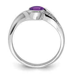 Sterling Silver Rhodium Plated Diamond and Amethyst Round Ring