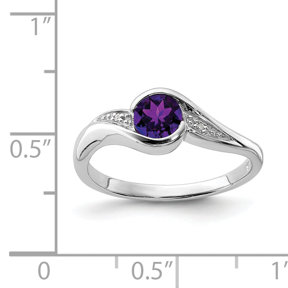 Sterling Silver Rhodium Plated Diamond and Amethyst Round Ring