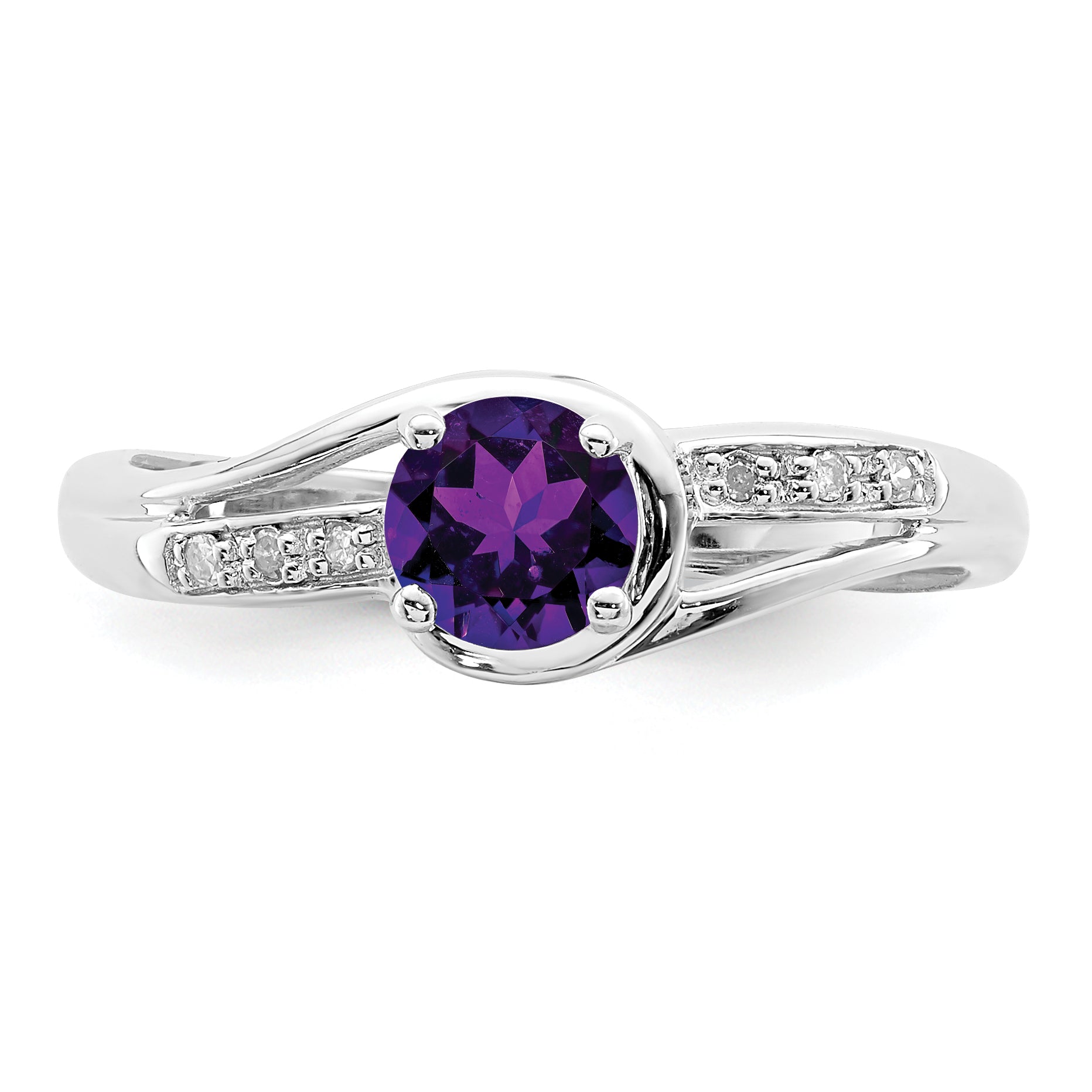 Sterling Silver Rhodium Plated Diamond and Amethyst Round Ring