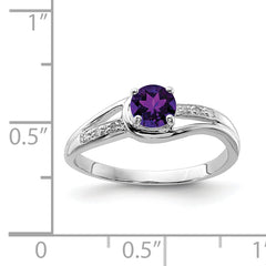 Sterling Silver Rhodium Plated Diamond and Amethyst Round Ring