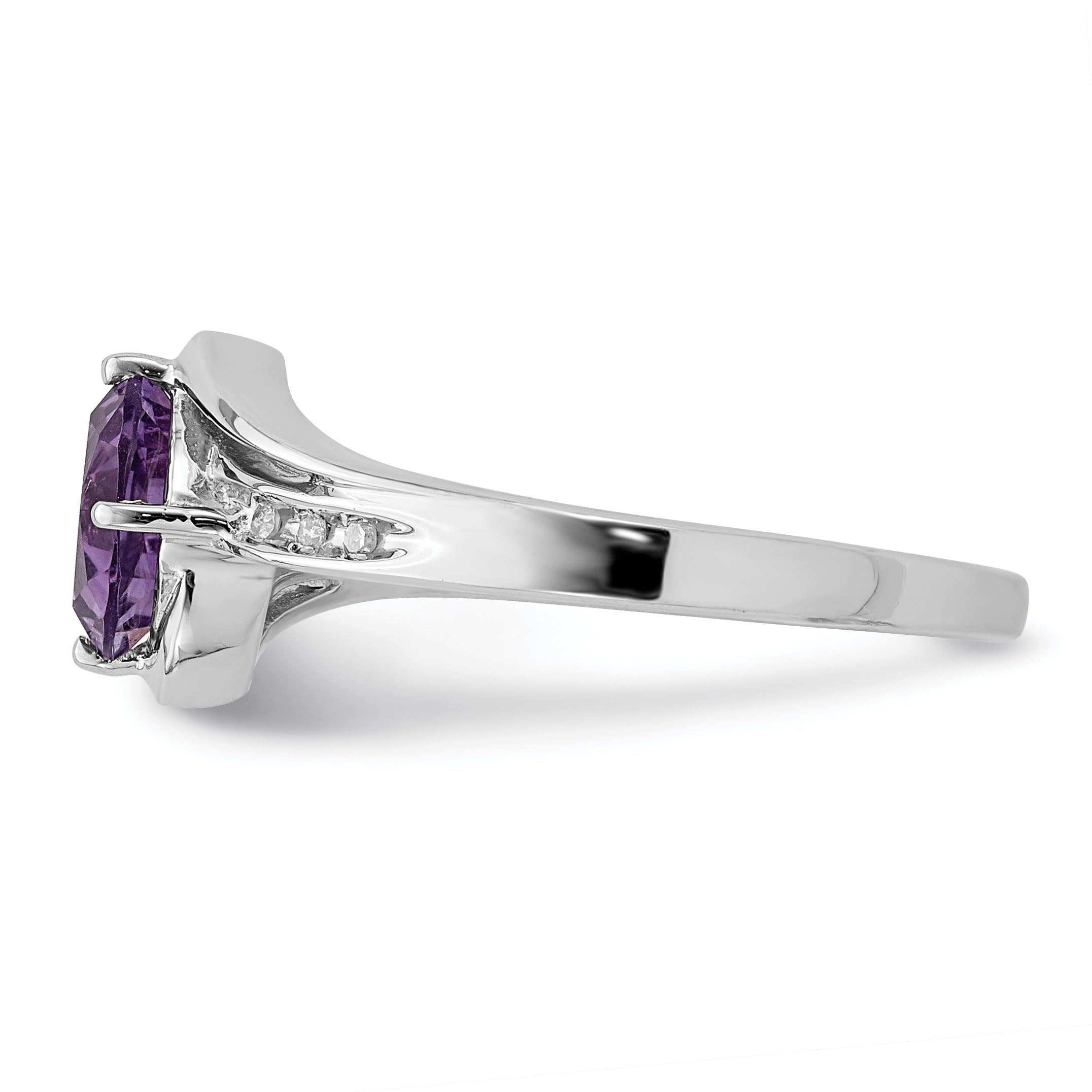 Sterling Silver Rhodium Plated Diamond and Amethyst Square Ring