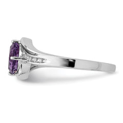 Sterling Silver Rhodium Plated Diamond and Amethyst Square Ring