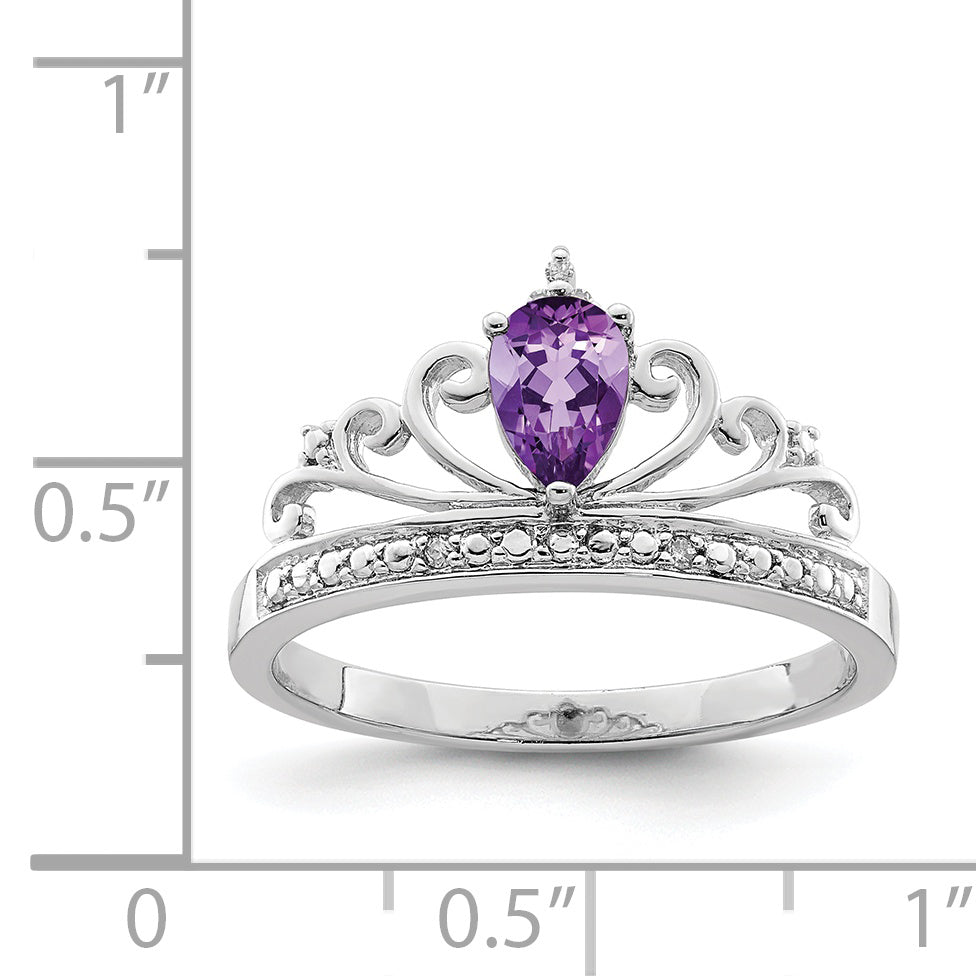 Sterling Silver Rhodium Plated Diamond & Amethyst Teardrop Ring