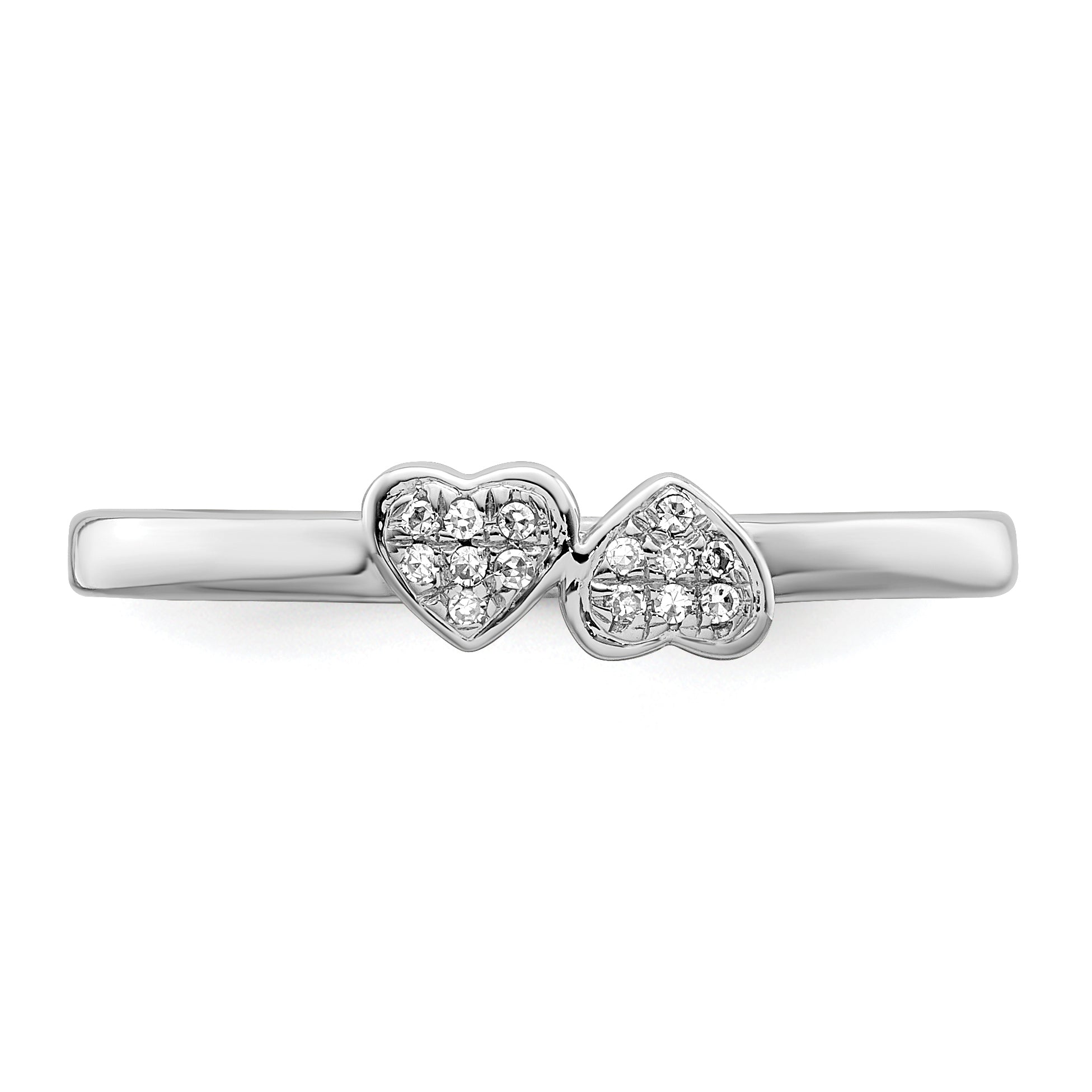 Sterling Silver Rhodium Plated Diamond Double Heart Stackable Ring