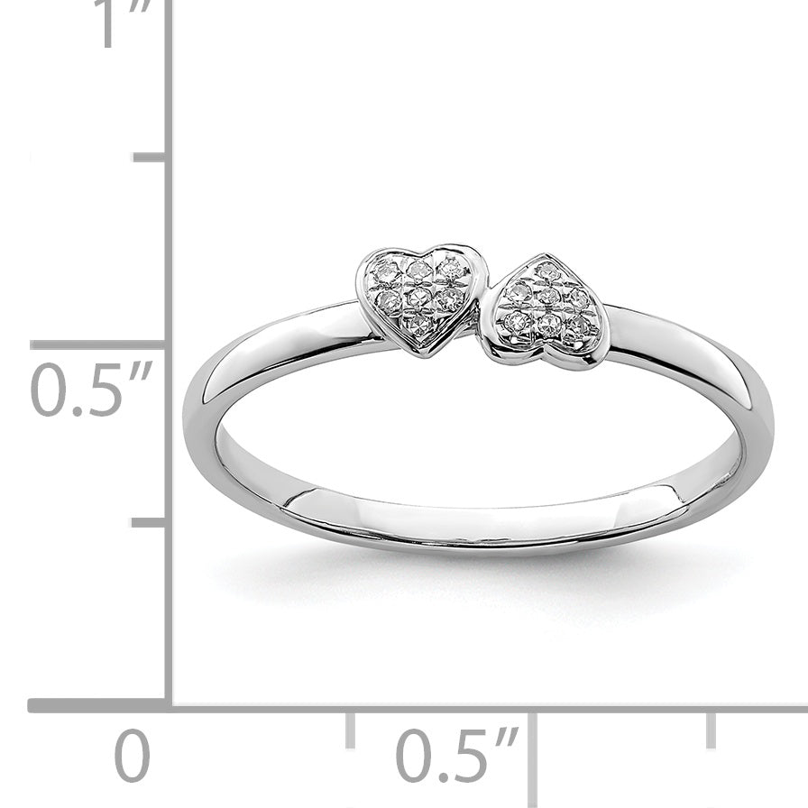 Sterling Silver Rhodium Plated Diamond Double Heart Stackable Ring