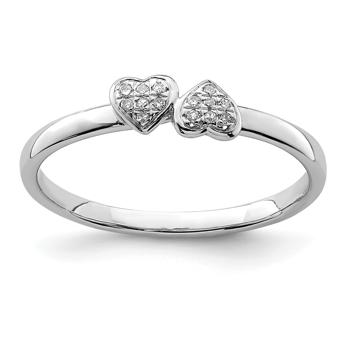 Sterling Silver Rhodium Plated Diamond Double Heart Stackable Ring