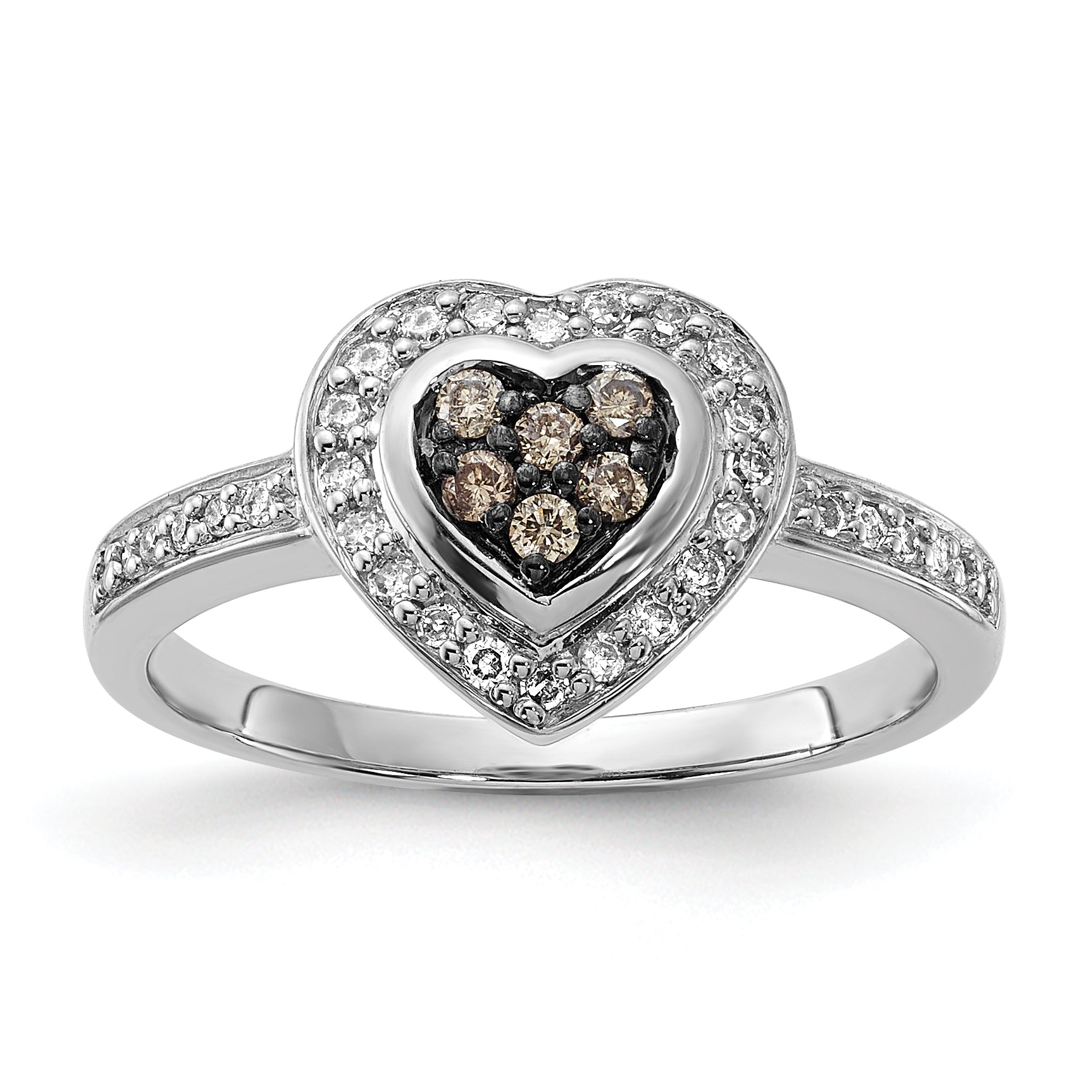 Sterling Silver Polished Champagne & Clear Diamond Heart Ring