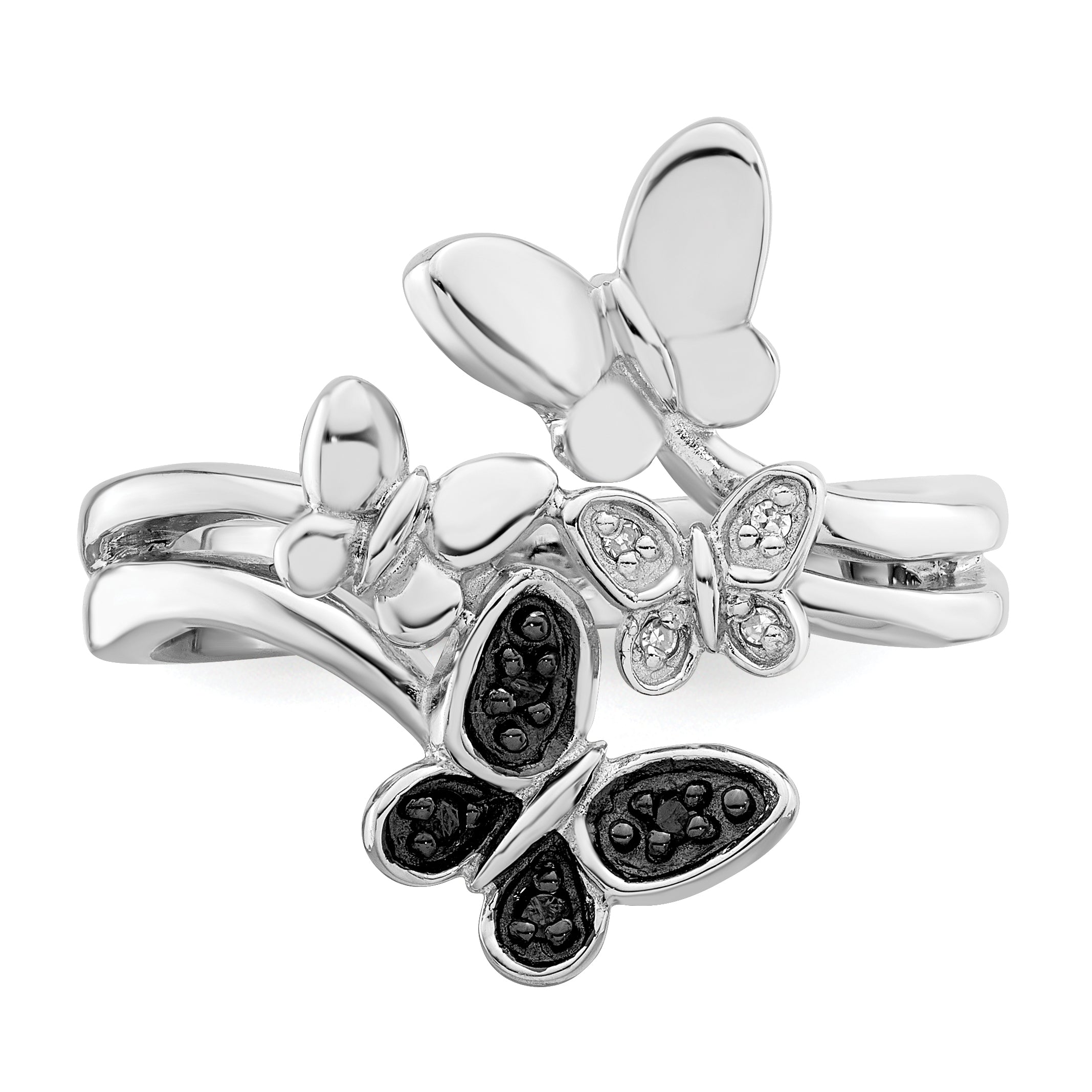 White Night Sterling Silver Rhodium-plated White and Black Diamond Butterfly Ring